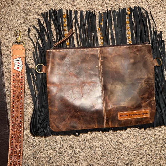 Haute Southern Hyde Fringe Bag with Tooled Leather Strap and Details - Picture 2 of 4